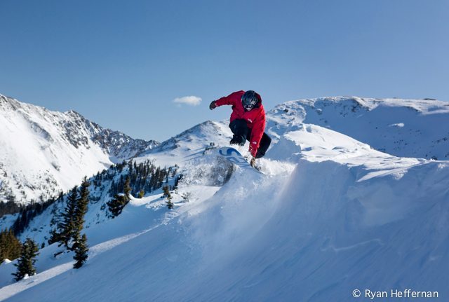 Justin Bobb launches off of Highline ridge at Taos Ski Valley.