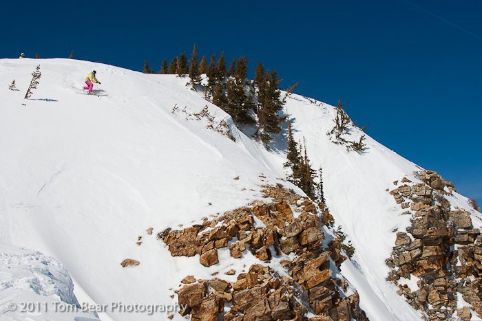 Kate Hourihan, approaching a cliff, Alta Ski Area.