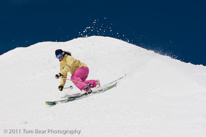 Kate Hourihan in a sweet telemark turn, Alta Ski Area.