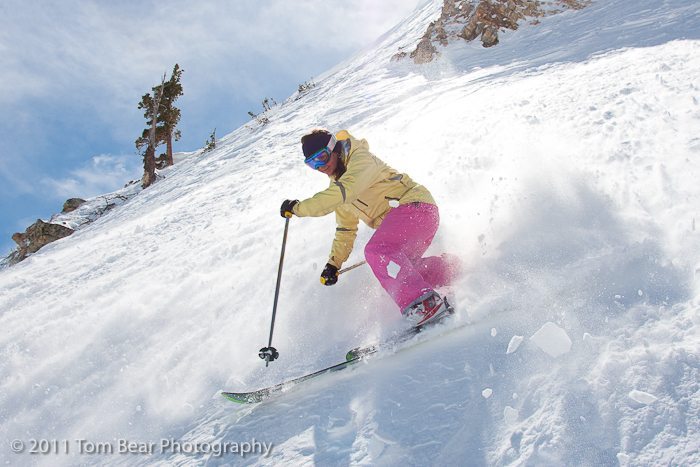 Kate Hourihan, in the spray, Alta Ski Area.
